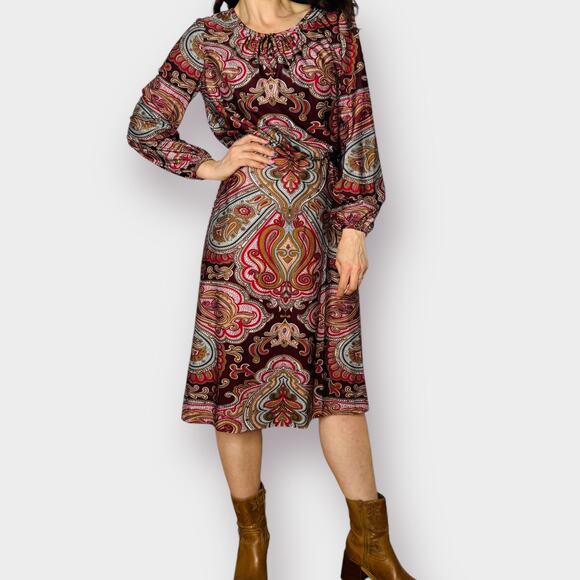 70s Umba Burgundy Brown Paisley‎ Midi Dress - Picture 1 of 9